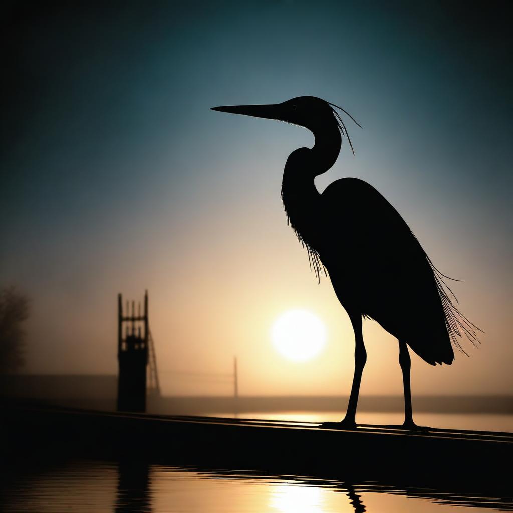 A digital art image of highest quality capturing a heron standing bravely in the darkness, its majestic silhouette illuminated by the bright, piercing lights of an oncoming train