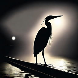 A digital art image of highest quality capturing a heron standing bravely in the darkness, its majestic silhouette illuminated by the bright, piercing lights of an oncoming train