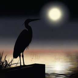 A digital art image of highest quality capturing a heron standing bravely in the darkness, its majestic silhouette illuminated by the bright, piercing lights of an oncoming train