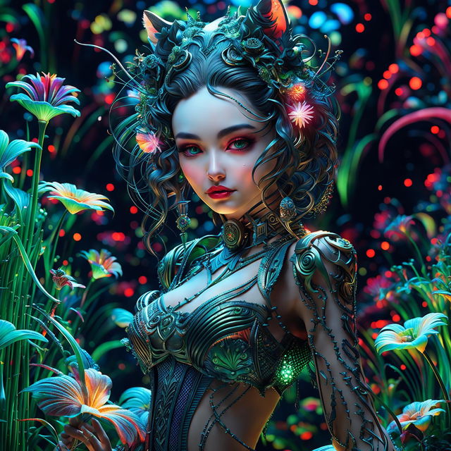 A close-up, hyper-realistic 3D photograph of a Rococo-inspired cyberpunk cat woman with pronounced feline features. She is surrounded by a fantasy aesthetic of bioluminescent flowers, vibrant colours, and stunning lighting effects.