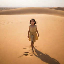 A young girl joyfully exploring vast sandy desert, the warm sunlight painting golden hues across the landscape.