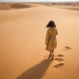 A young girl joyfully exploring vast sandy desert, the warm sunlight painting golden hues across the landscape.