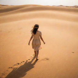 A young girl joyfully exploring vast sandy desert, the warm sunlight painting golden hues across the landscape.