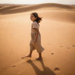 A young girl joyfully exploring vast sandy desert, the warm sunlight painting golden hues across the landscape.