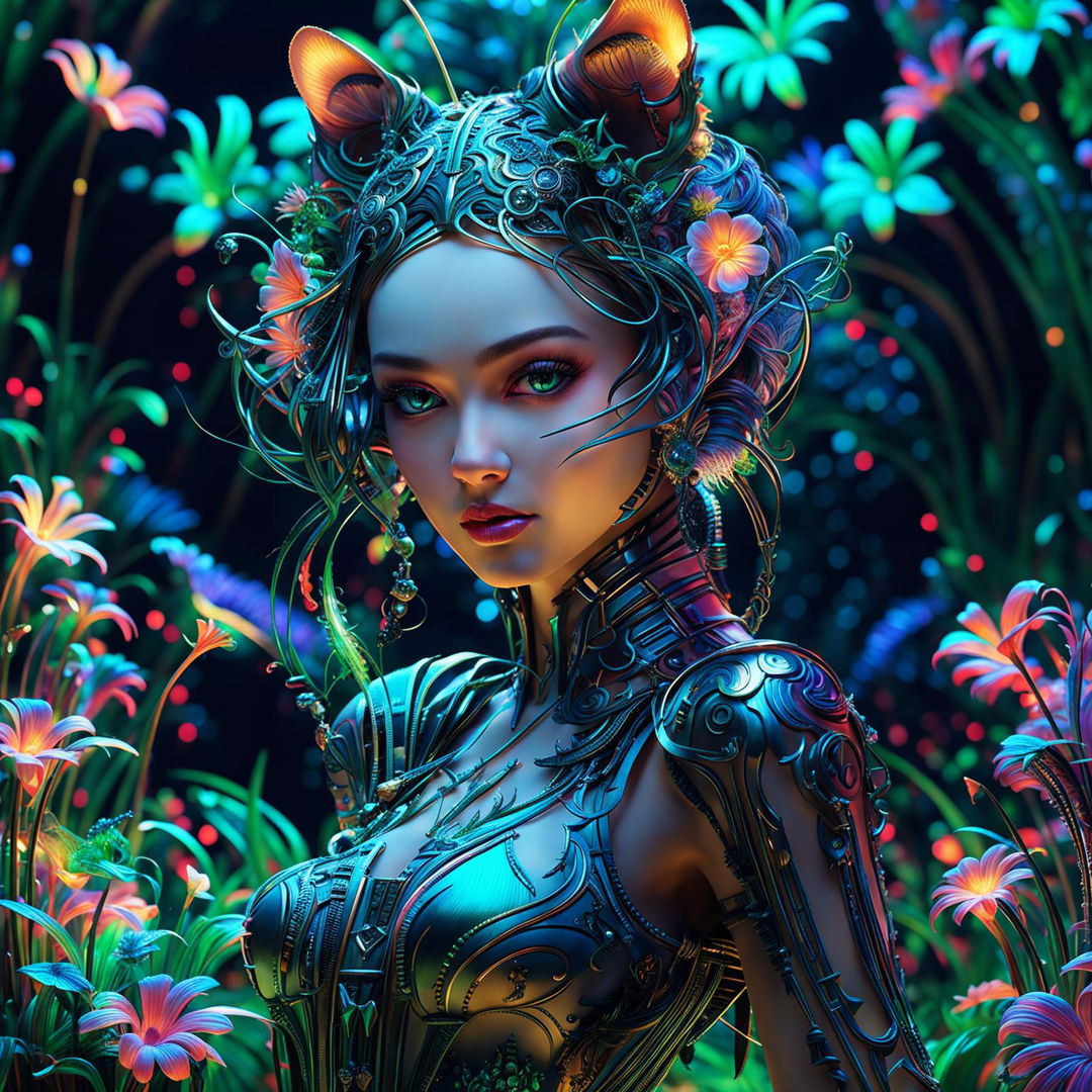 A close-up, hyper-realistic 3D photograph of a Rococo-inspired cyberpunk cat woman with pronounced feline features. She is surrounded by a fantasy aesthetic of bioluminescent flowers, vibrant colours, and stunning lighting effects.