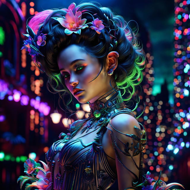 Hyper-realistic 3D rococo cyberpunk cat woman with feline features, fantasy and flower aesthetics, vibrant colours, and dramatic lighting effects in a close-up shot.