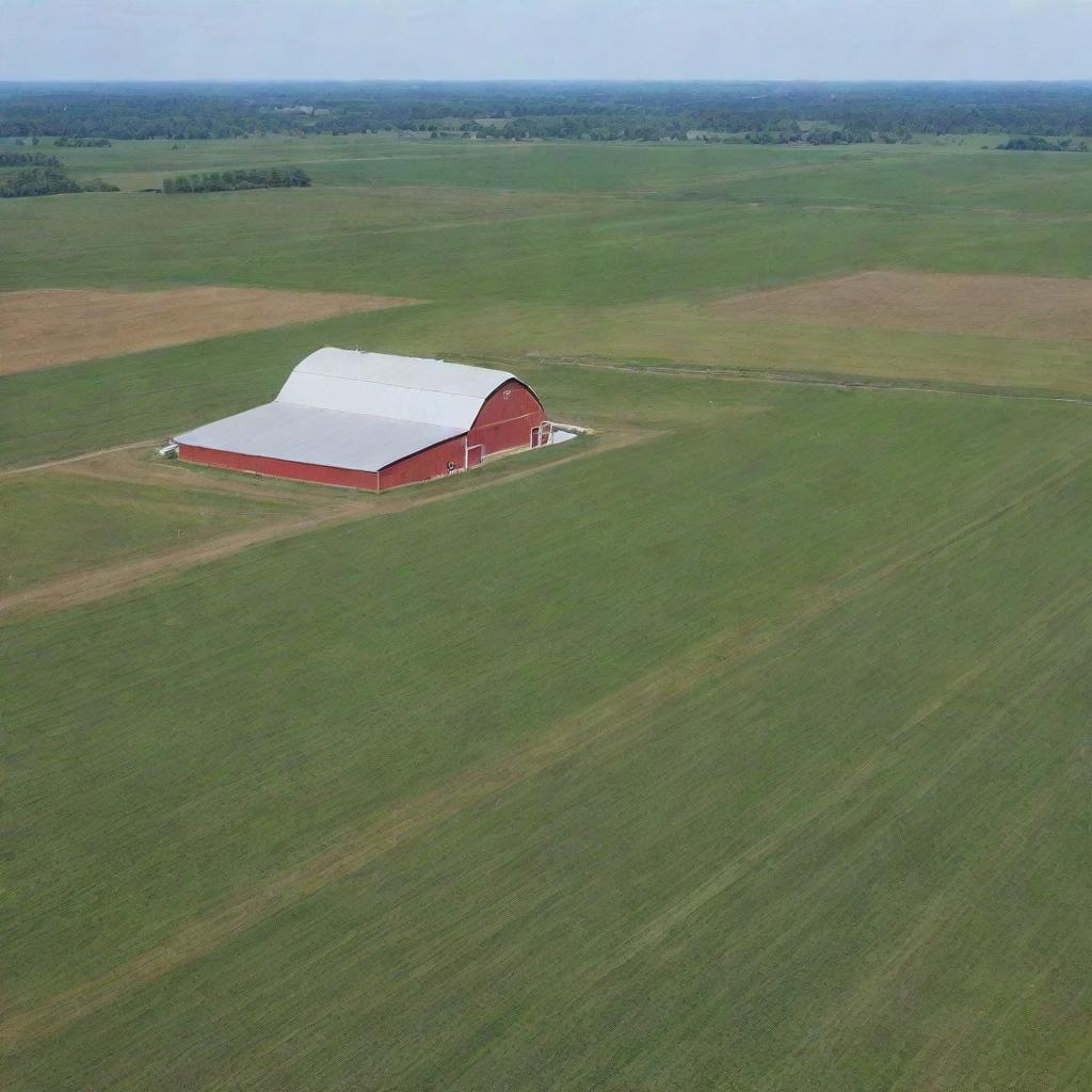 A vast farm that spans over 40000 acres, with fields of various crops swaying in the wind, large barns, and a farmhouse.