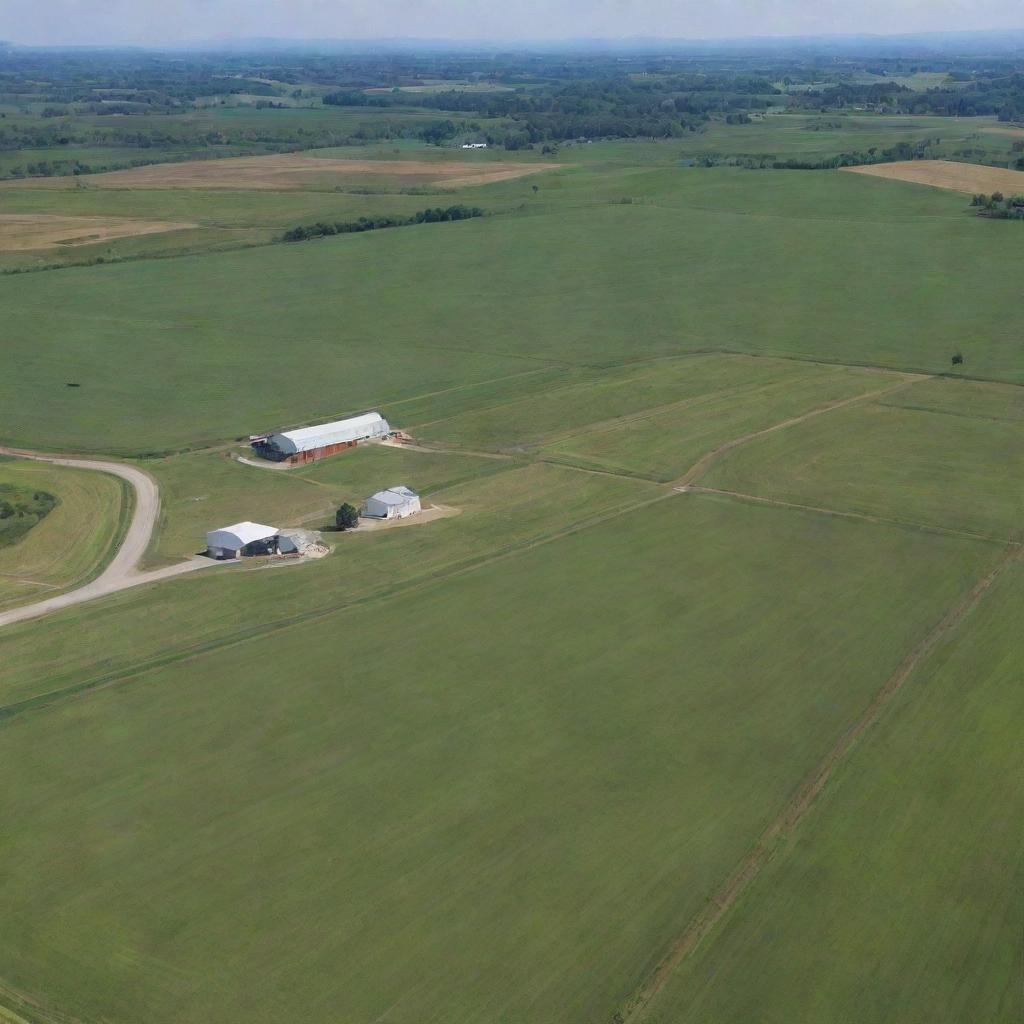 A vast farm that spans over 40000 acres, with fields of various crops swaying in the wind, large barns, and a farmhouse.