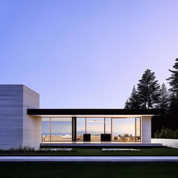 A modern, minimalist home design featuring clean lines, open spaces, and large windows with a natural light-filled interior.