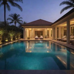 A luxurious, upscale swimming pool worth 10,000 Crore Rupees, complete with cutting-edge design, beautiful poolside loungers, palms for an exotic touch, and stunning lighting effects for a high-end, ultimate relaxation experience.