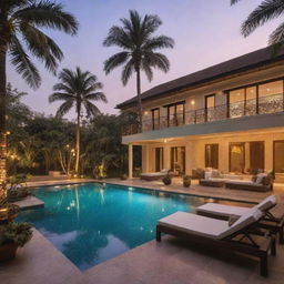 A luxurious, upscale swimming pool worth 10,000 Crore Rupees, complete with cutting-edge design, beautiful poolside loungers, palms for an exotic touch, and stunning lighting effects for a high-end, ultimate relaxation experience.