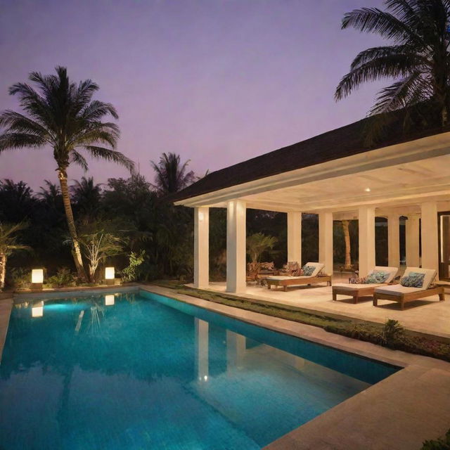 A luxurious, upscale swimming pool worth 10,000 Crore Rupees, complete with cutting-edge design, beautiful poolside loungers, palms for an exotic touch, and stunning lighting effects for a high-end, ultimate relaxation experience.