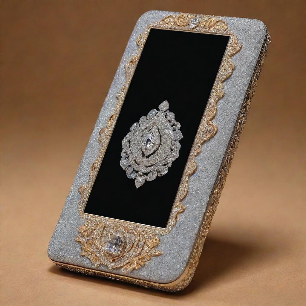 A luxurious mobile phone embellished with diamonds, resonating grandeur, valued at 10,000 crores.