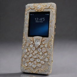 A luxurious mobile phone embellished with diamonds, resonating grandeur, valued at 10,000 crores.