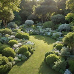 An expansive garden adorned with a million crystals, shimmering under the sunlight and contrasting with the lush greenery.