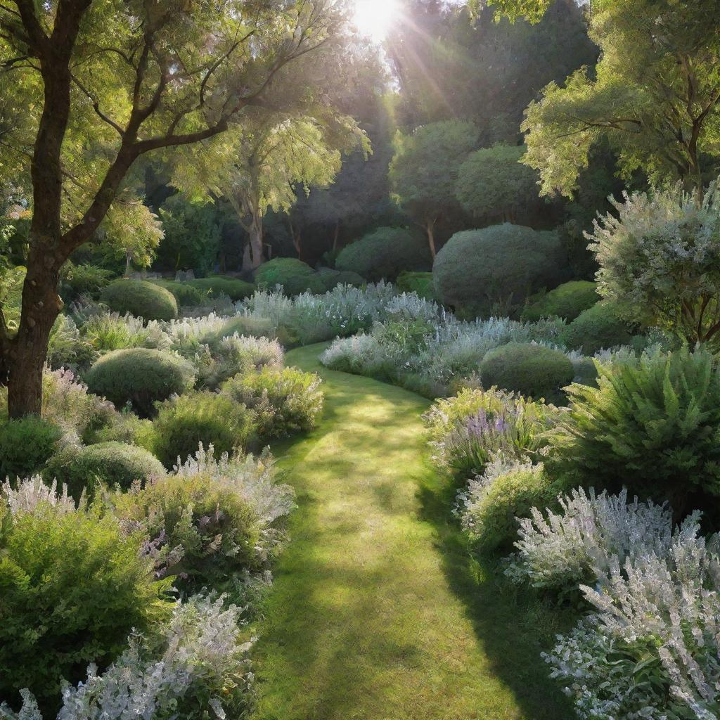 An expansive garden adorned with a million crystals, shimmering under the sunlight and contrasting with the lush greenery.