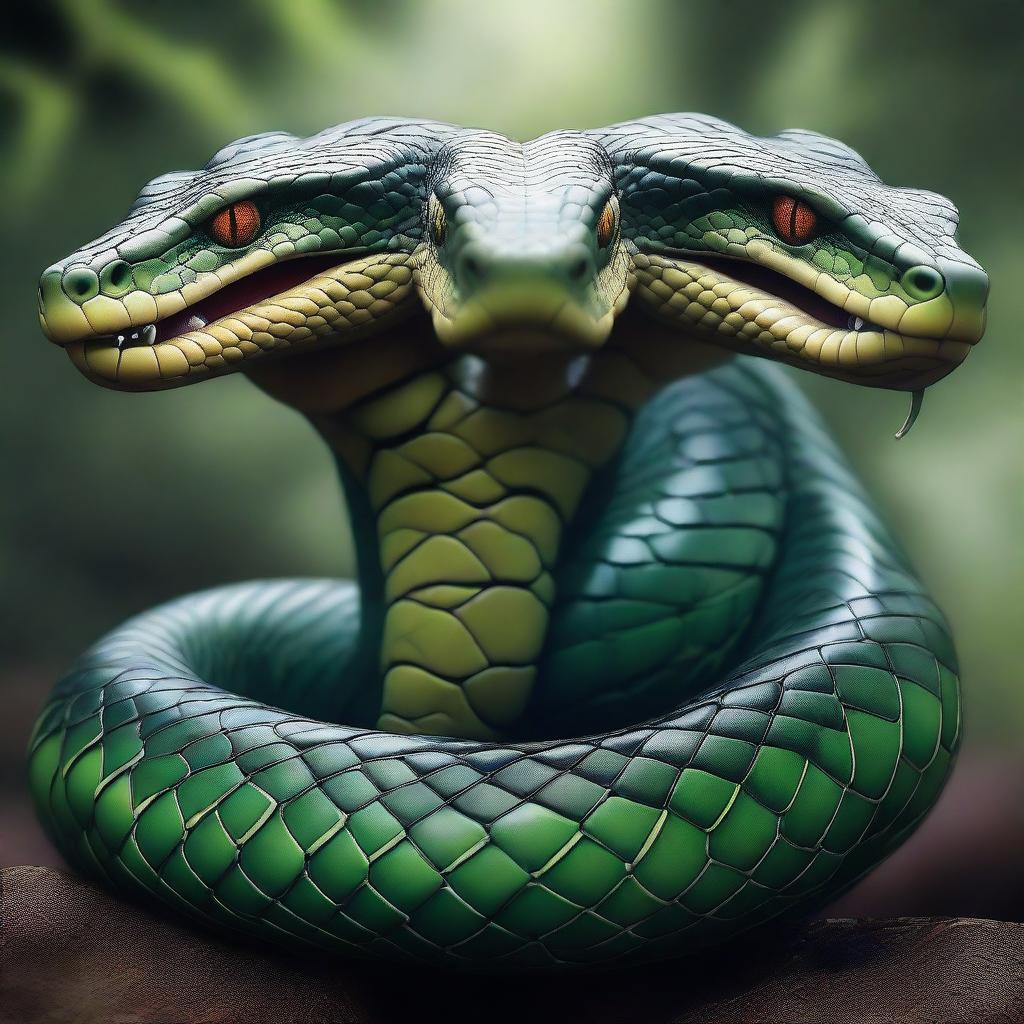 A fantastical, high-quality digital art piece portraying a three-headed dragon snake