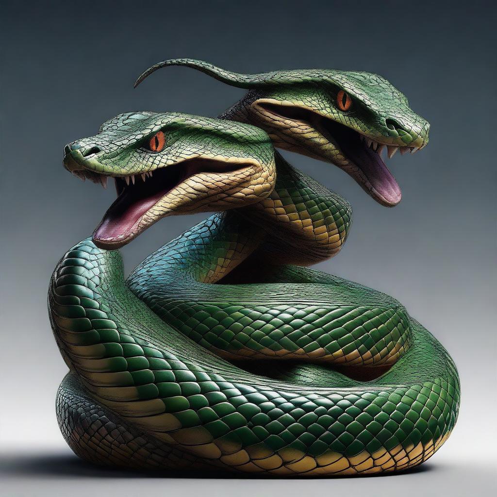 A fantastical, high-quality digital art piece portraying a three-headed dragon snake