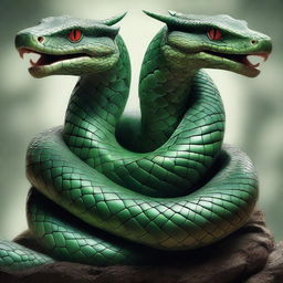 A fantastical, high-quality digital art piece portraying a three-headed dragon snake