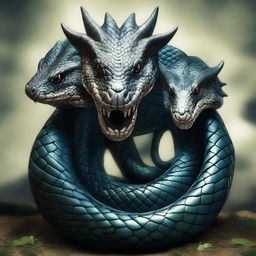 A fantastical, high-quality digital art piece portraying a three-headed dragon snake