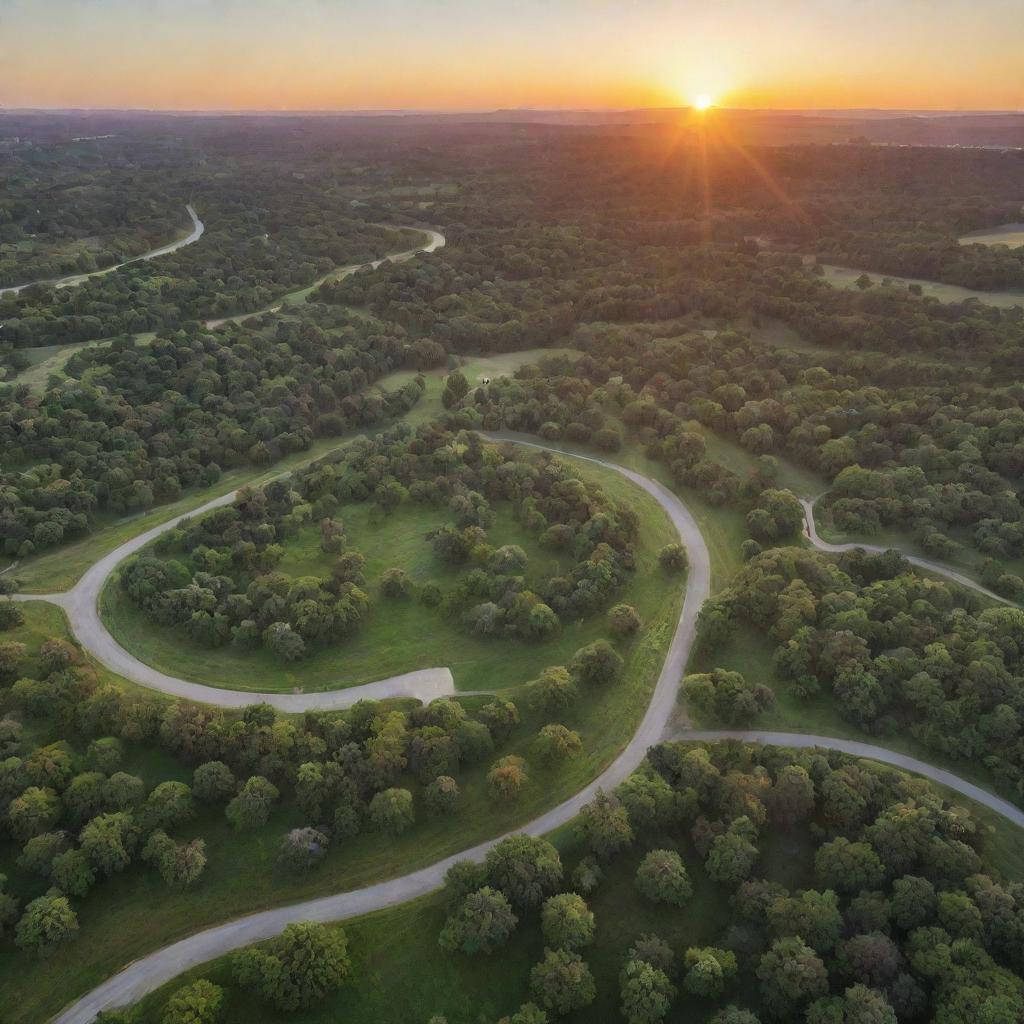 An expansive park filled with 10,000,000 trees, verdant meadows, and winding pathways under a sunset sky