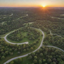 An expansive park filled with 10,000,000 trees, verdant meadows, and winding pathways under a sunset sky