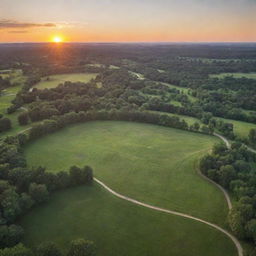 An expansive park filled with 10,000,000 trees, verdant meadows, and winding pathways under a sunset sky