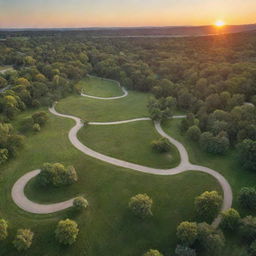 An expansive park filled with 10,000,000 trees, verdant meadows, and winding pathways under a sunset sky