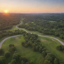 An expansive park filled with 10,000,000 trees, verdant meadows, and winding pathways under a sunset sky