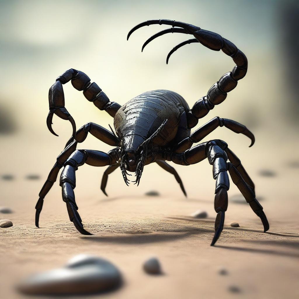 A high-resolution digital art piece featuring a scorpion the size of a human