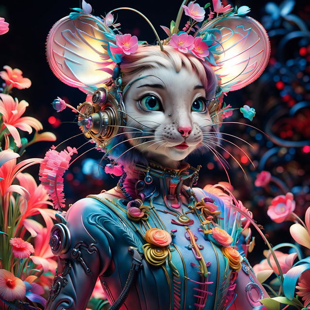 Hyper-realistic 3D rococo cyberpunk mouse woman with mouse-like features in a neon flower garden, dressed in a vibrant, futuristic rococo dress. Close-up view.