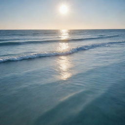 A vast waterland, with seemingly endless lapping waves and serene beauty. The scene is illuminated by the bright, shining sun creating a 10,000,000 carat sparkle on the water's surface.