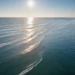 A vast waterland, with seemingly endless lapping waves and serene beauty. The scene is illuminated by the bright, shining sun creating a 10,000,000 carat sparkle on the water's surface.