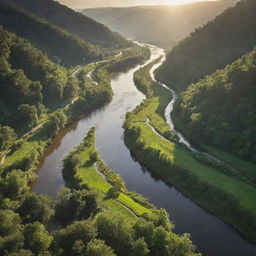 A sprawling river, reflecting sunlight, flowing through a vast, verdant landscape. Integrate a feeling of grandeur as though it's a 10 million dollar view.