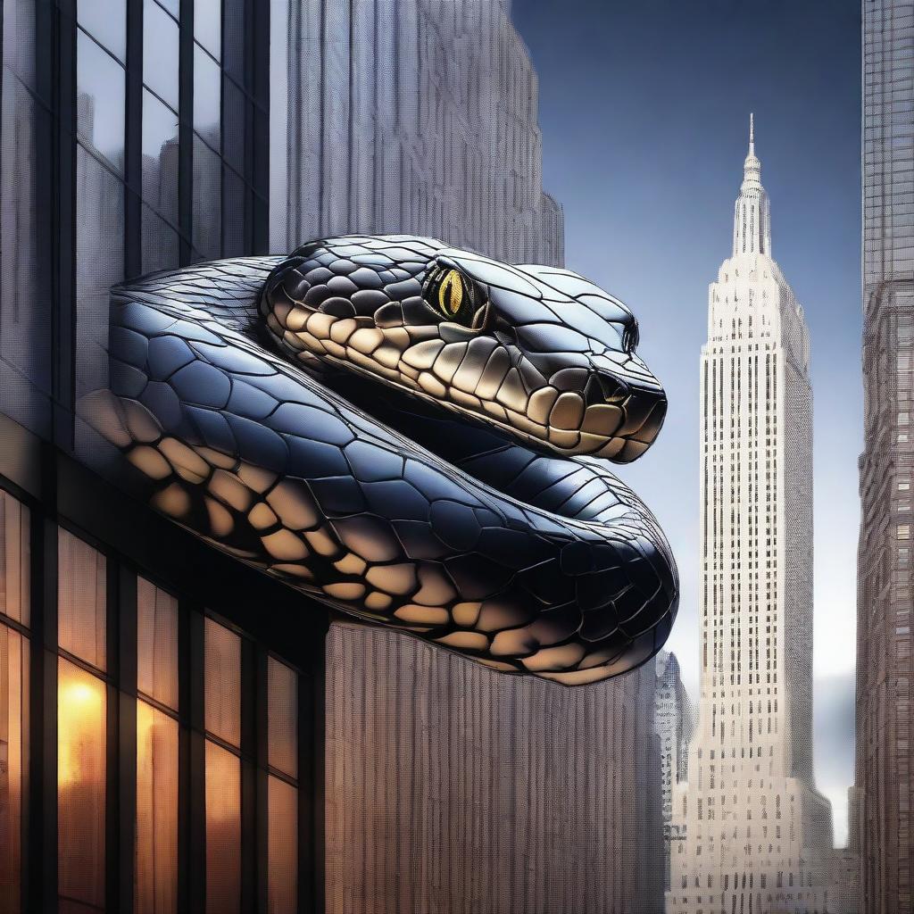 A breathtaking digital art piece where a gigantic snake is seen wrapped around a skyscraper in New York