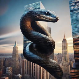 A breathtaking digital art piece where a gigantic snake is seen wrapped around a skyscraper in New York