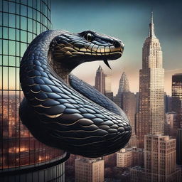 A breathtaking digital art piece where a gigantic snake is seen wrapped around a skyscraper in New York