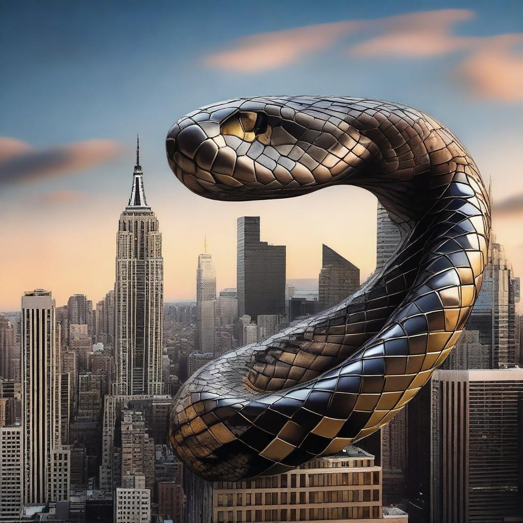 A breathtaking digital art piece where a gigantic snake is seen wrapped around a skyscraper in New York