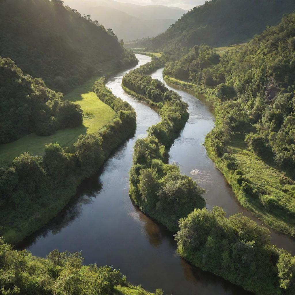 A sprawling river, reflecting sunlight, flowing through a vast, verdant landscape. Integrate a feeling of grandeur as though it's a 10 million dollar view.