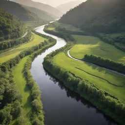 A sprawling river, reflecting sunlight, flowing through a vast, verdant landscape. Integrate a feeling of grandeur as though it's a 10 million dollar view.