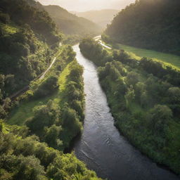 A sprawling river, reflecting sunlight, flowing through a vast, verdant landscape. Integrate a feeling of grandeur as though it's a 10 million dollar view.