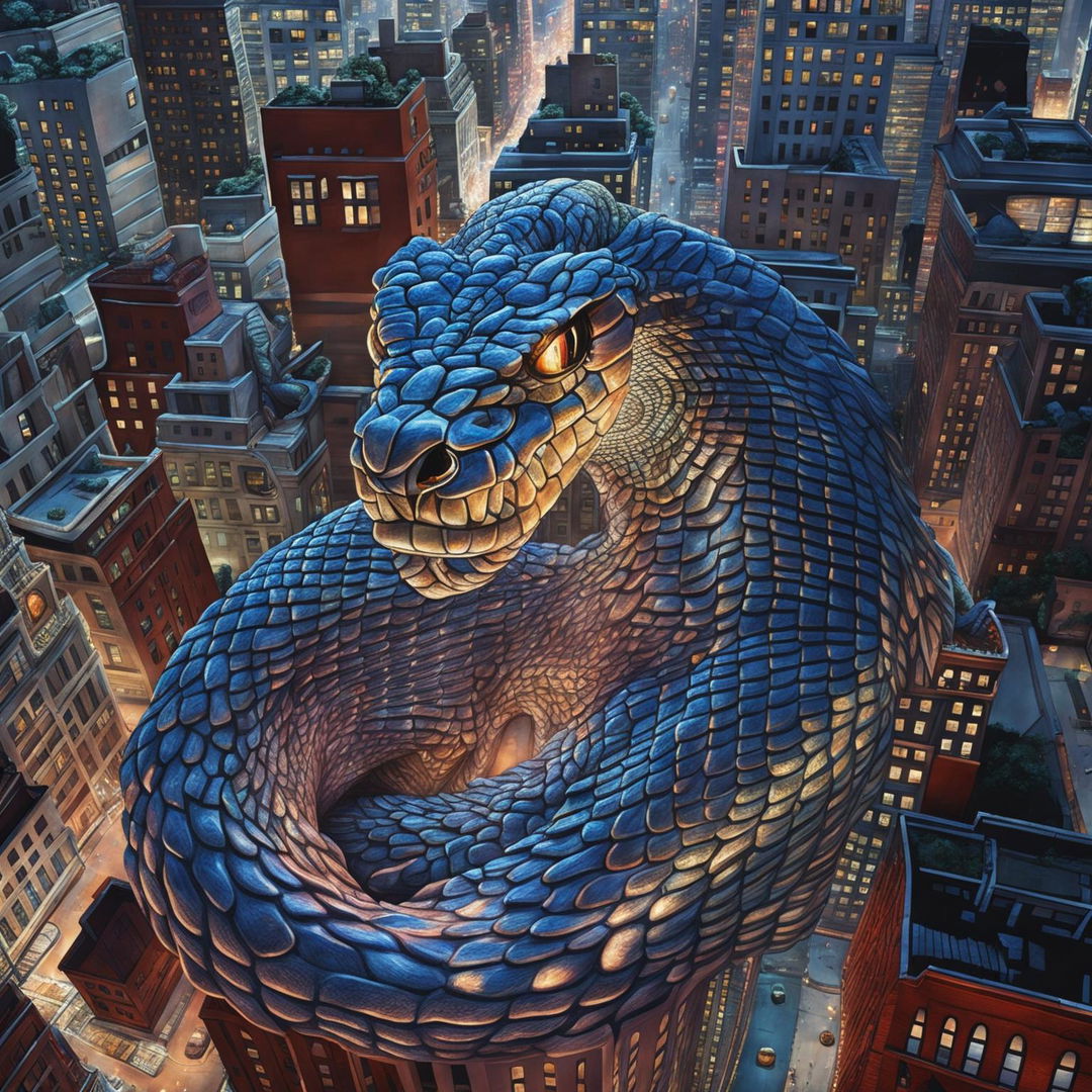 Digital art of a colossal serpent coiled around a skyscraper in New York City