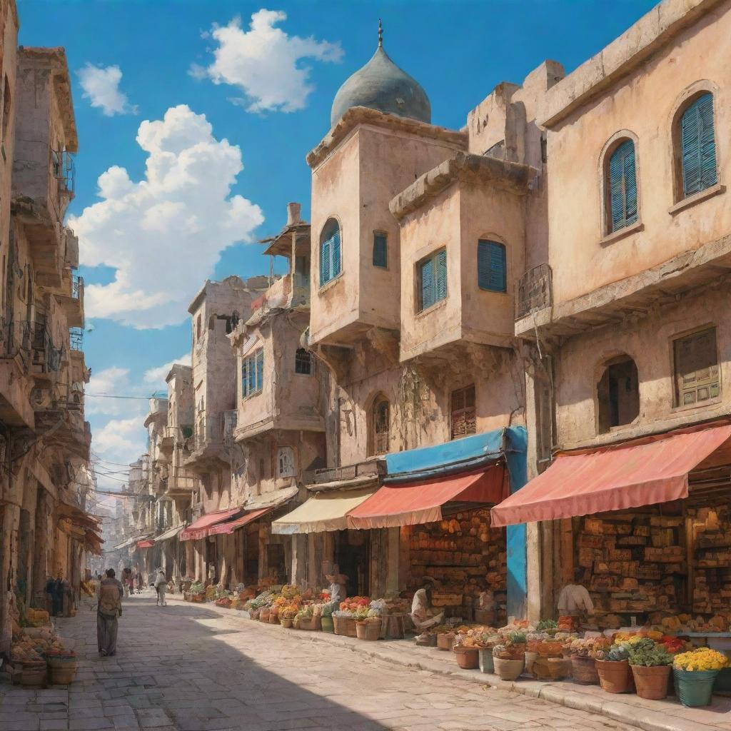 A scene of Syria inspired by the aesthetics of Studio Ghibli, featuring traditional architecture, vibrant skies, and lively markets