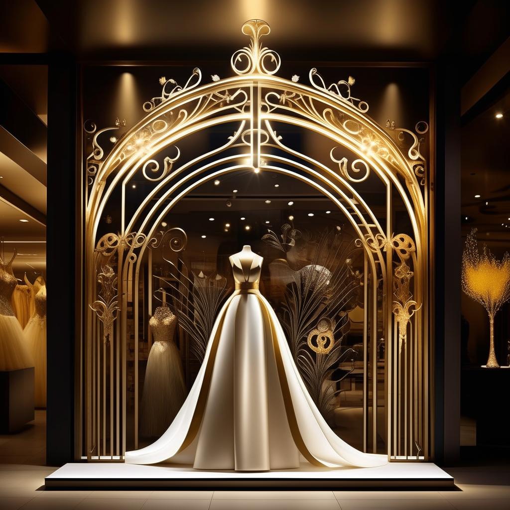 Revise storefront design: incorporate forged iron in elegant shapes, dimensions 11x11x1.9 meters, color palette white, black, gold, strong yellow lighting, with an intricate wedding dress design on signage.