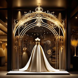 Revise storefront design: incorporate forged iron in elegant shapes, dimensions 11x11x1.9 meters, color palette white, black, gold, strong yellow lighting, with an intricate wedding dress design on signage.