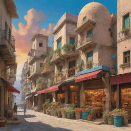 A scene of Syria inspired by the aesthetics of Studio Ghibli, featuring traditional architecture, vibrant skies, and lively markets