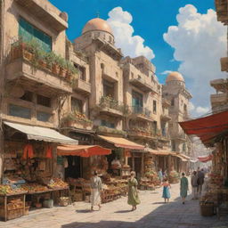 A scene of Syria inspired by the aesthetics of Studio Ghibli, featuring traditional architecture, vibrant skies, and lively markets