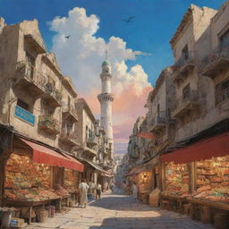 A scene of Syria inspired by the aesthetics of Studio Ghibli, featuring traditional architecture, vibrant skies, and lively markets