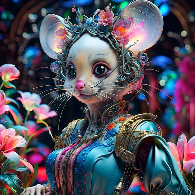 Hyper-realistic 3D rococo cyberpunk mouse woman with mouse-like features in a neon flower garden, dressed in a vibrant, futuristic rococo dress. Close-up view.