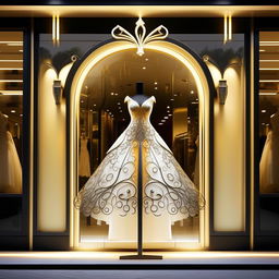 Revise storefront design: incorporate forged iron in elegant shapes, dimensions 11x11x1.9 meters, color palette white, black, gold, strong yellow lighting, with an intricate wedding dress design on signage.